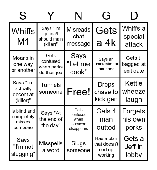 Syngdx Killer Bingo Card