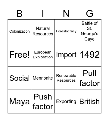 Belizean Studies Test 1 Revision Bingo Card
