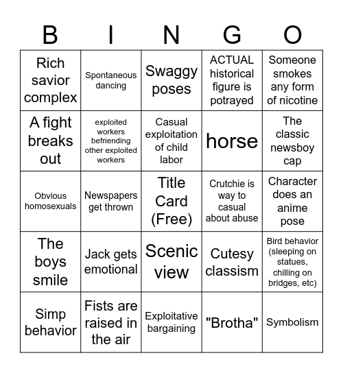 Newsies Bingo Card