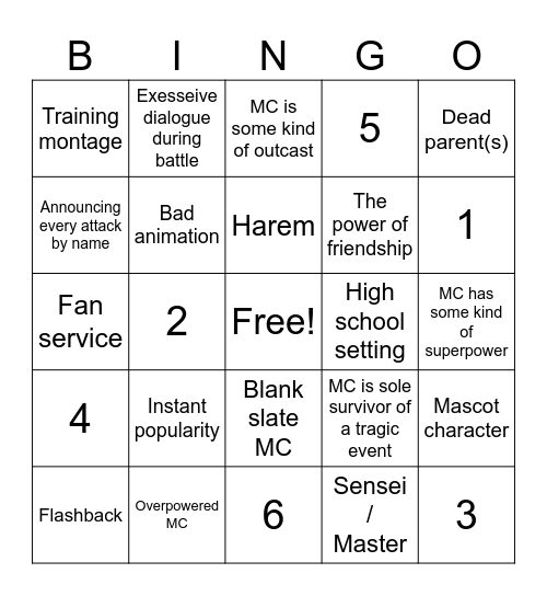 Shounen Bingo Card