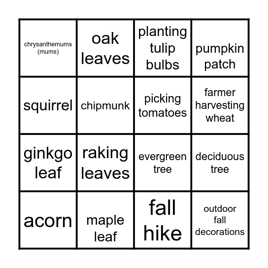 Fall Bingo Card