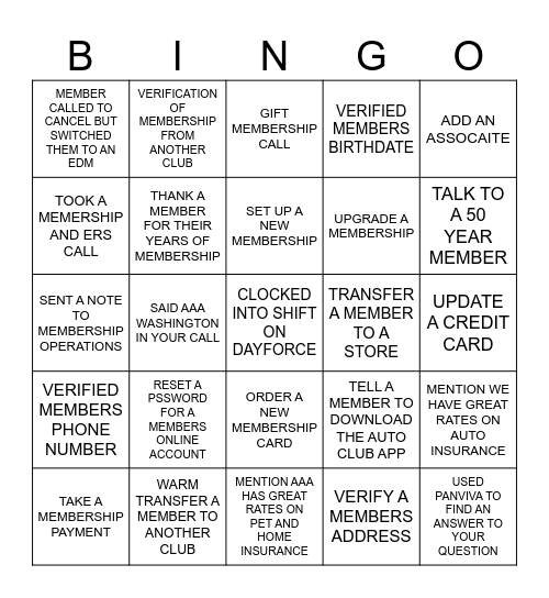 MEMBERSHIP BINGO Card