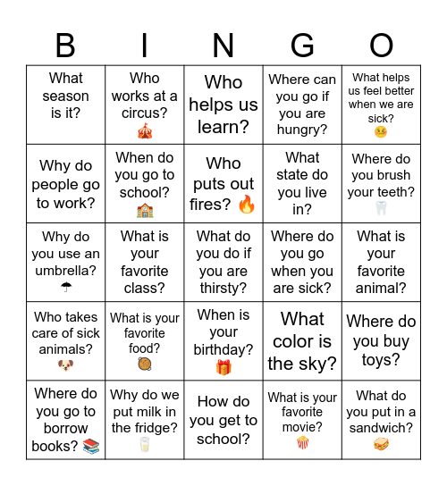 Wh- Question Bingo Card