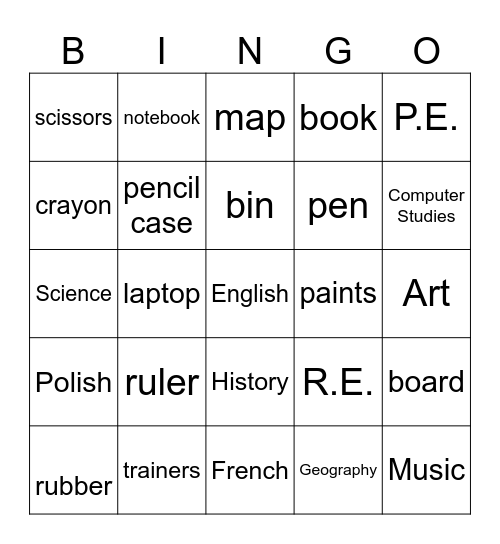 School objects and school subjects Bingo Card