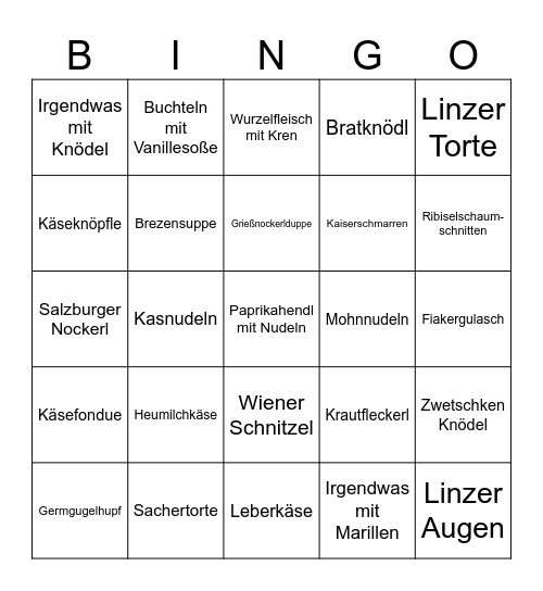 Österreichische Spezialitäten Bingo Card