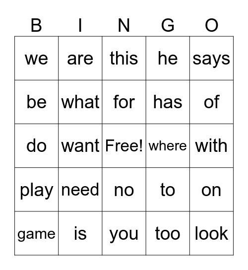 Yellow Level Bingo Card