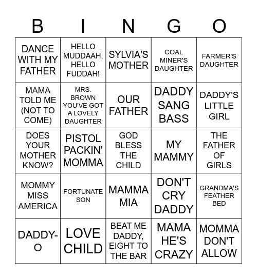 Music Bingo #67 - FAMILY Bingo Card