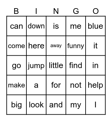 Pre-Primer Sight Words Bingo Card