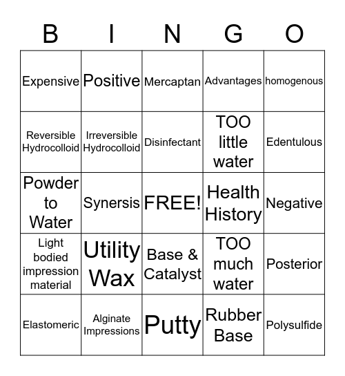 Impression Materials Bingo Card