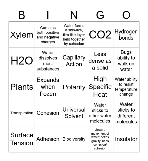 Water Properties Bingo Card