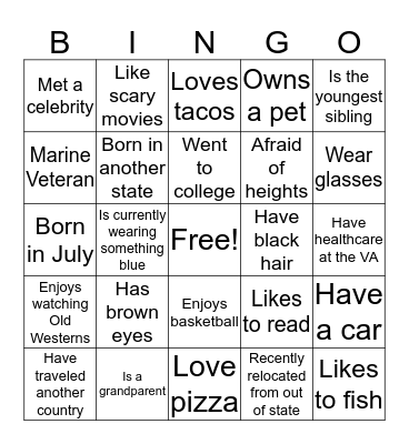 Center of Hope Veteran Group Meeting Bingo Card