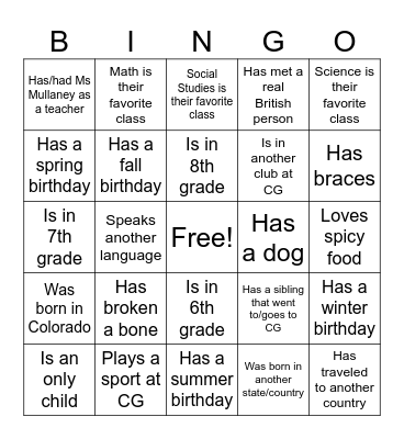 Get to Know You! Bingo Card