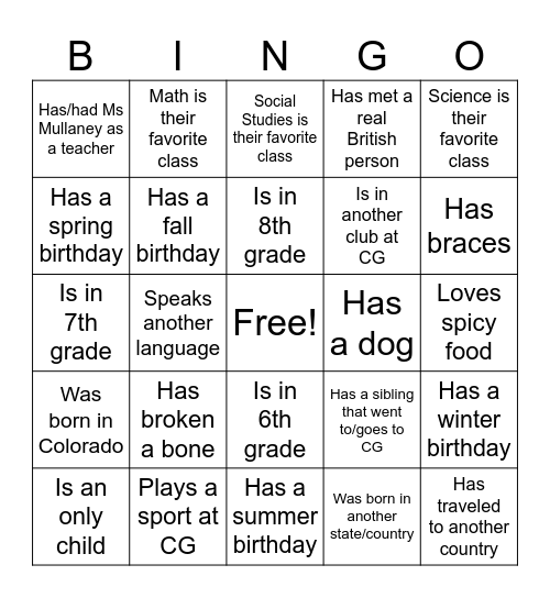 Get to Know You! Bingo Card