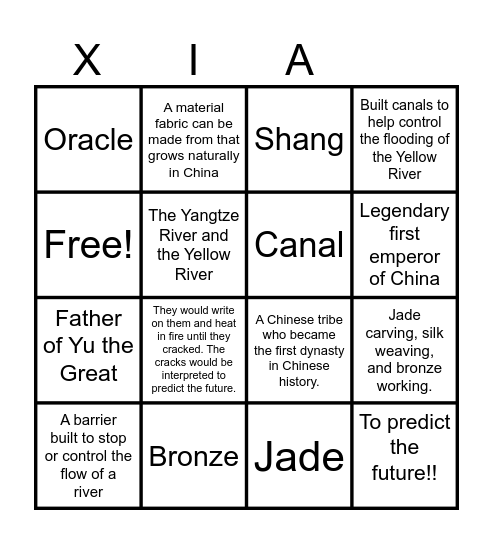 Xia Dynasty Bingo Card