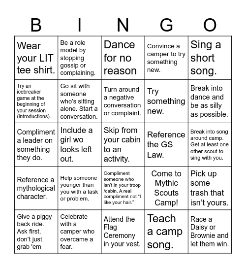 Mythic Scouts LIT BINGO Card