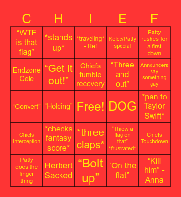 Chiefs v Chargers Bingo Card