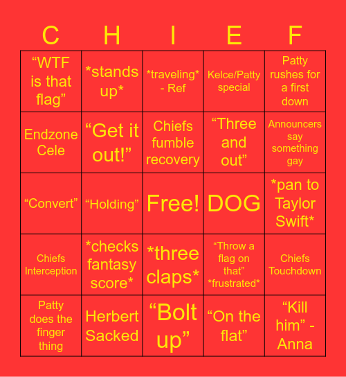 Chiefs v Chargers Bingo Card