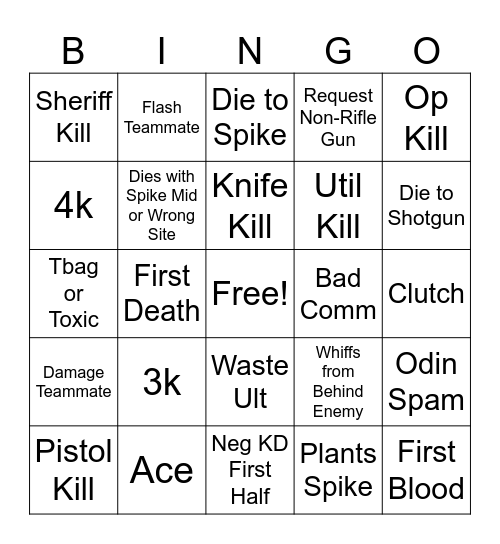 Secret Valorant Bingo Card