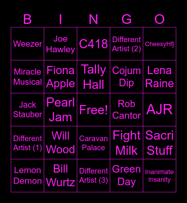Artists that show up on shuffle Bingo Card