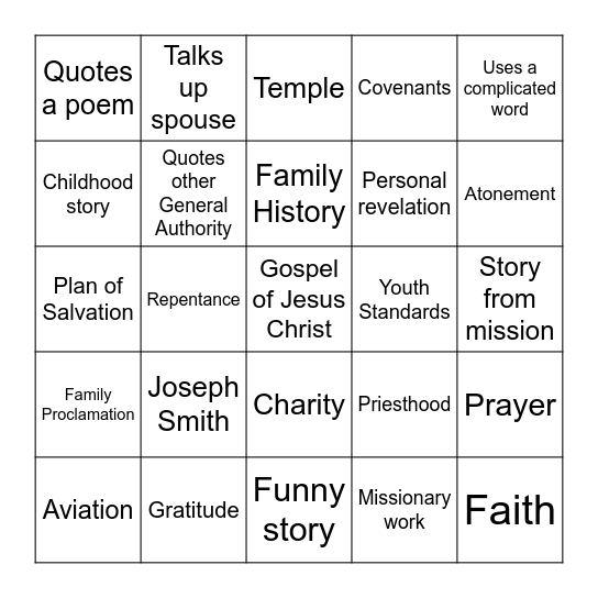 General Conference Bingo Card