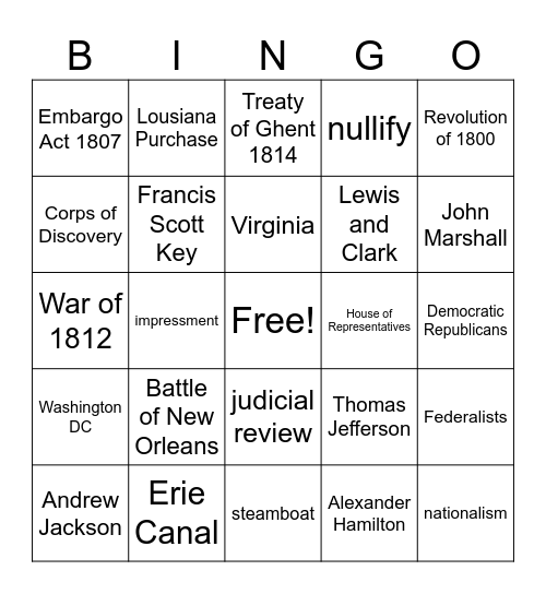 The Age of Jefferson Bingo Card