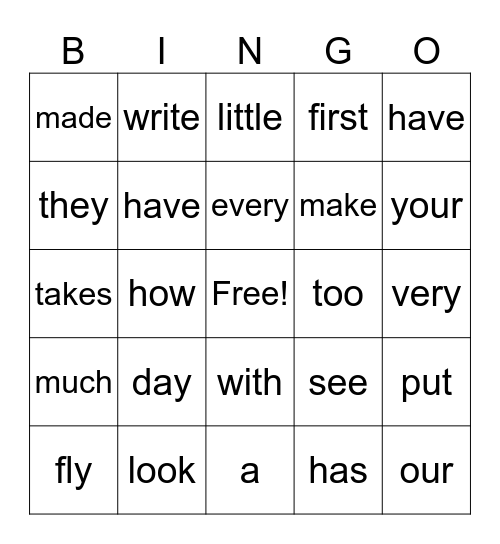 Sight Word Bingo Card