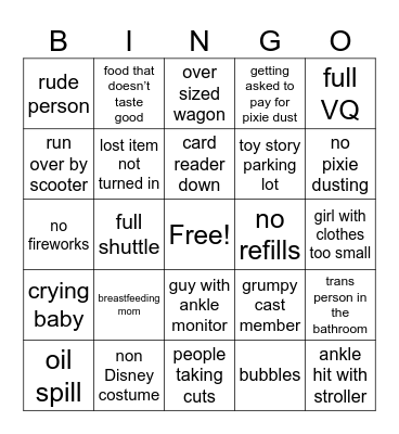 Disneyland Day Bingo Card