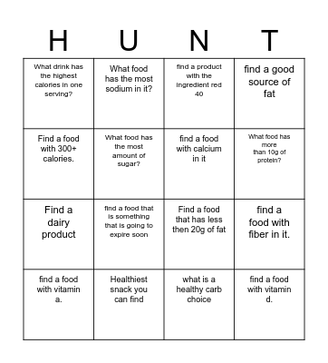 Nutrition Label Scavenger Hunt Bingo Card