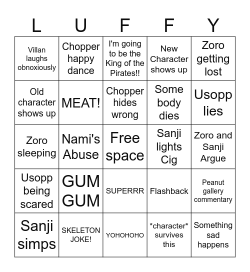 One piece Bingo Card