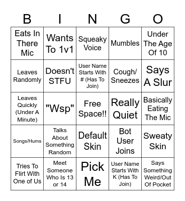 Fortnite Random Invite Bingo Card