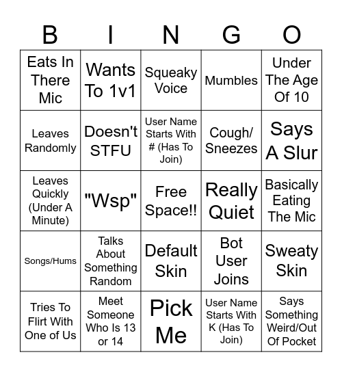 Fortnite Random Invite Bingo Card