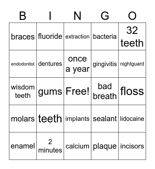 Dental Bingo Card