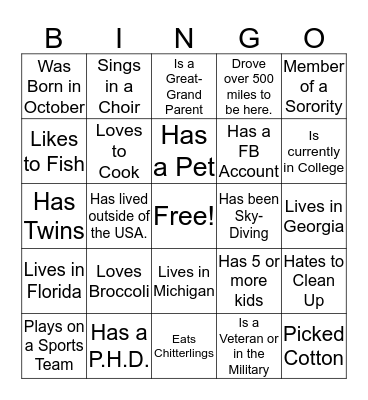 "Getting to Know You" Family Bingo Card