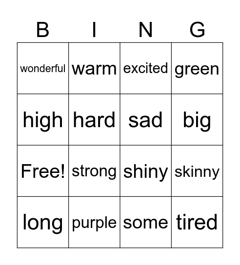 Adjectives for people Bingo Card