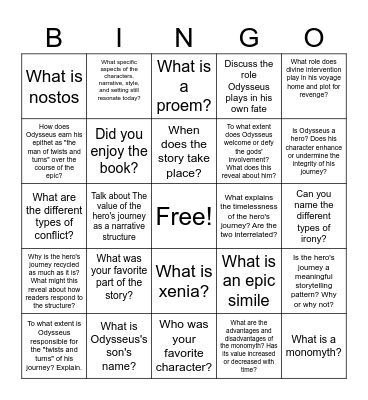 Odyssey Socratic Bingo Card