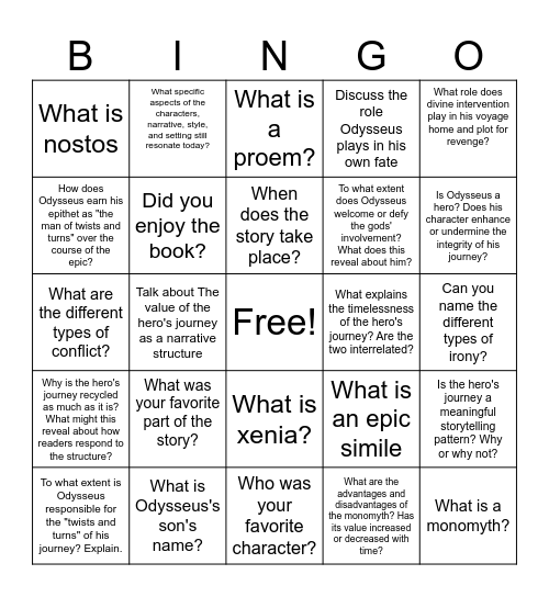 Odyssey Socratic Bingo Card