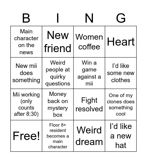 Tomodachi Life Bingo Board Bingo Card