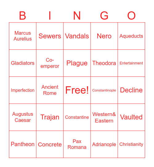 Ancient Rome Bingo Card