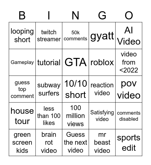 Youtube shorts bingo Card