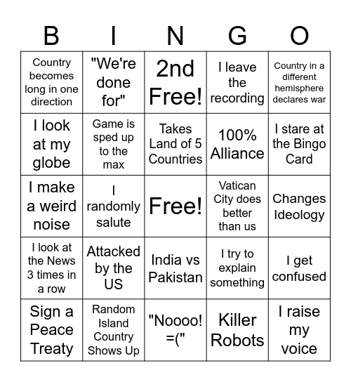 Dummynation Bingo Card