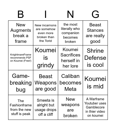 Koumei Update Bingo Card