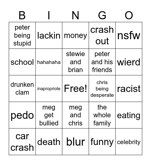 family guy Bingo Card