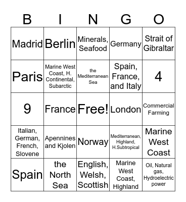 First Day of School - Europe Geography Bingo Card