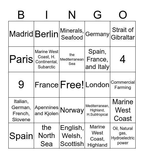 First Day of School - Europe Geography Bingo Card