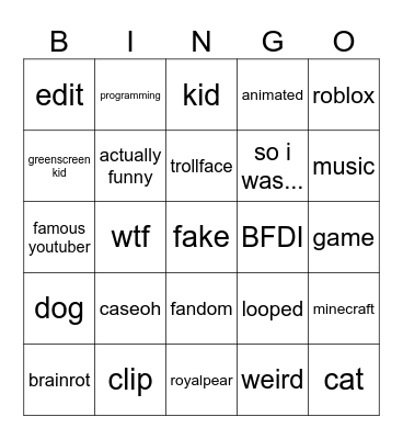 Youtube Shorts Bingo Card