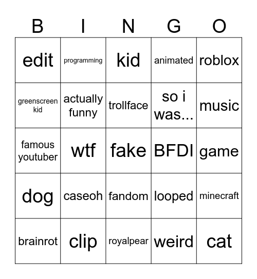 Youtube Shorts Bingo Card