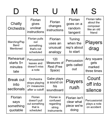 Chamber Percussion Section Bingo Card
