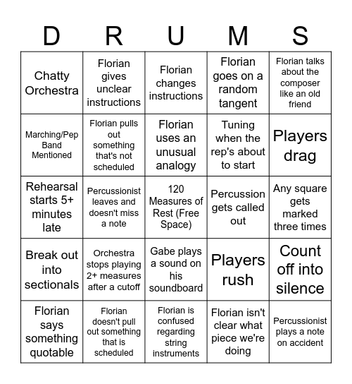 Chamber Percussion Section Bingo Card