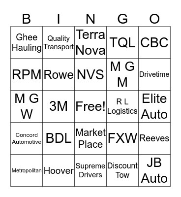 Transportation Dept. BINGO Card