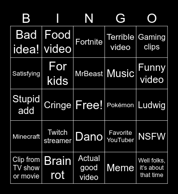 YT Shorts Bingo Card